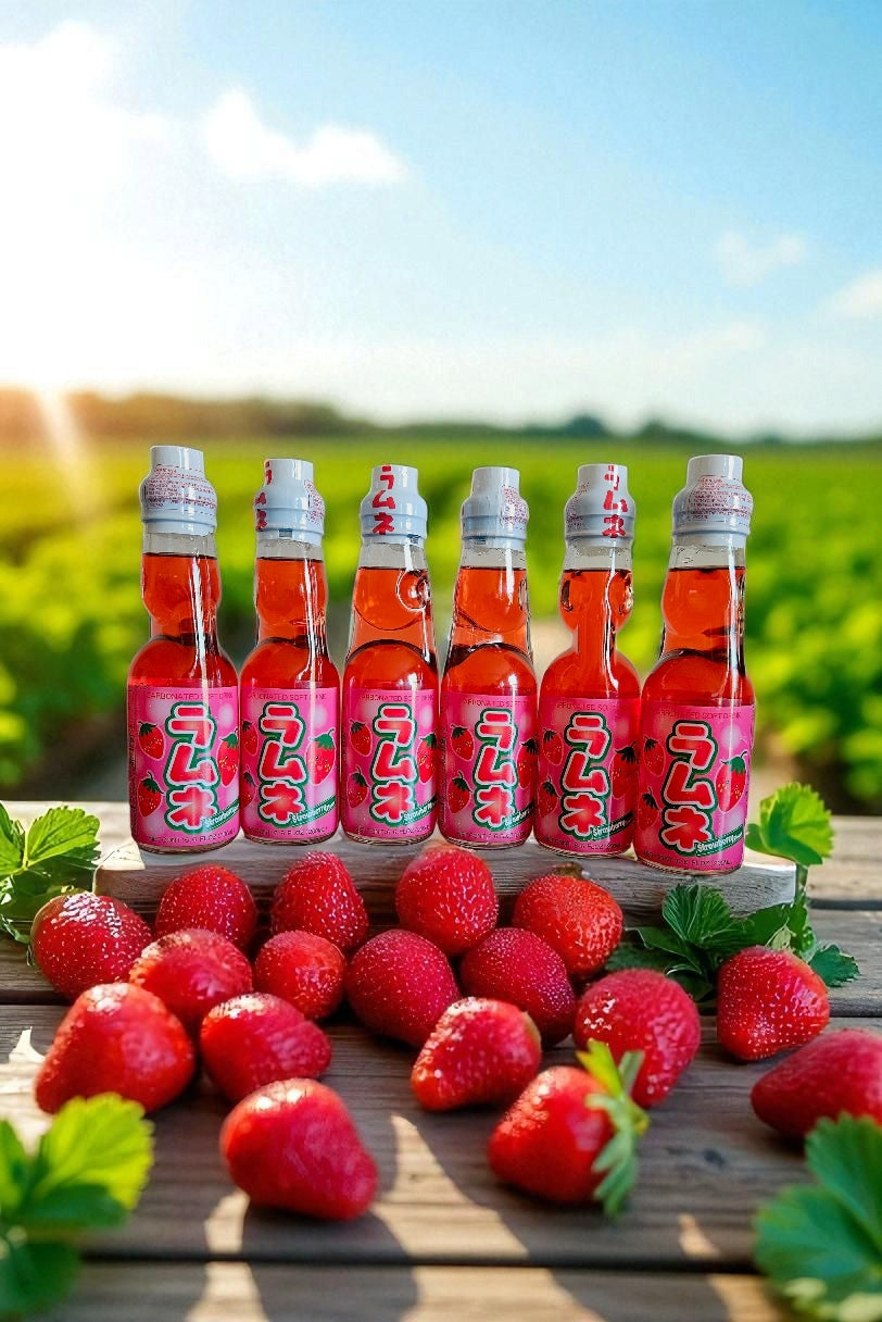 Hatakosen Japanese Strawberry Ramune Marble Soda 6 bottle Pack 6.6 fl oz (200ml)