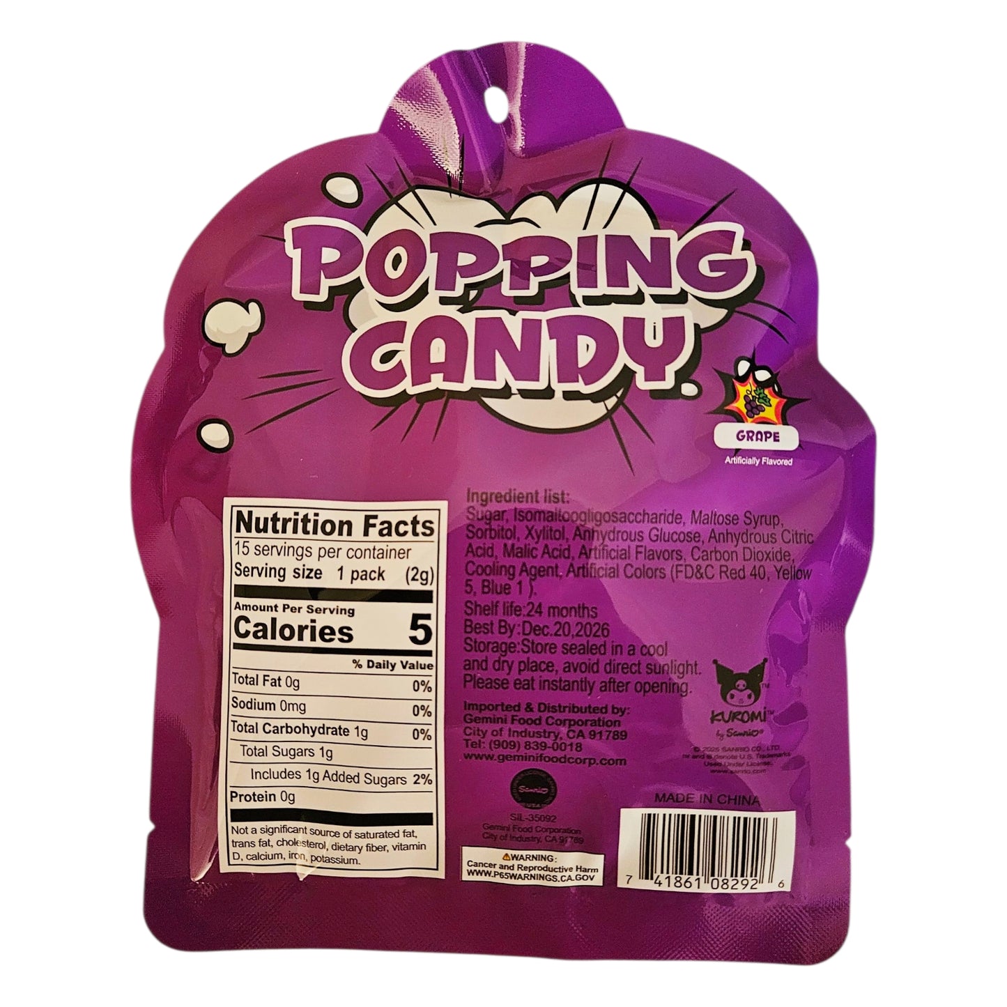 Kuromi Popping Candy Grape Flavor 30g