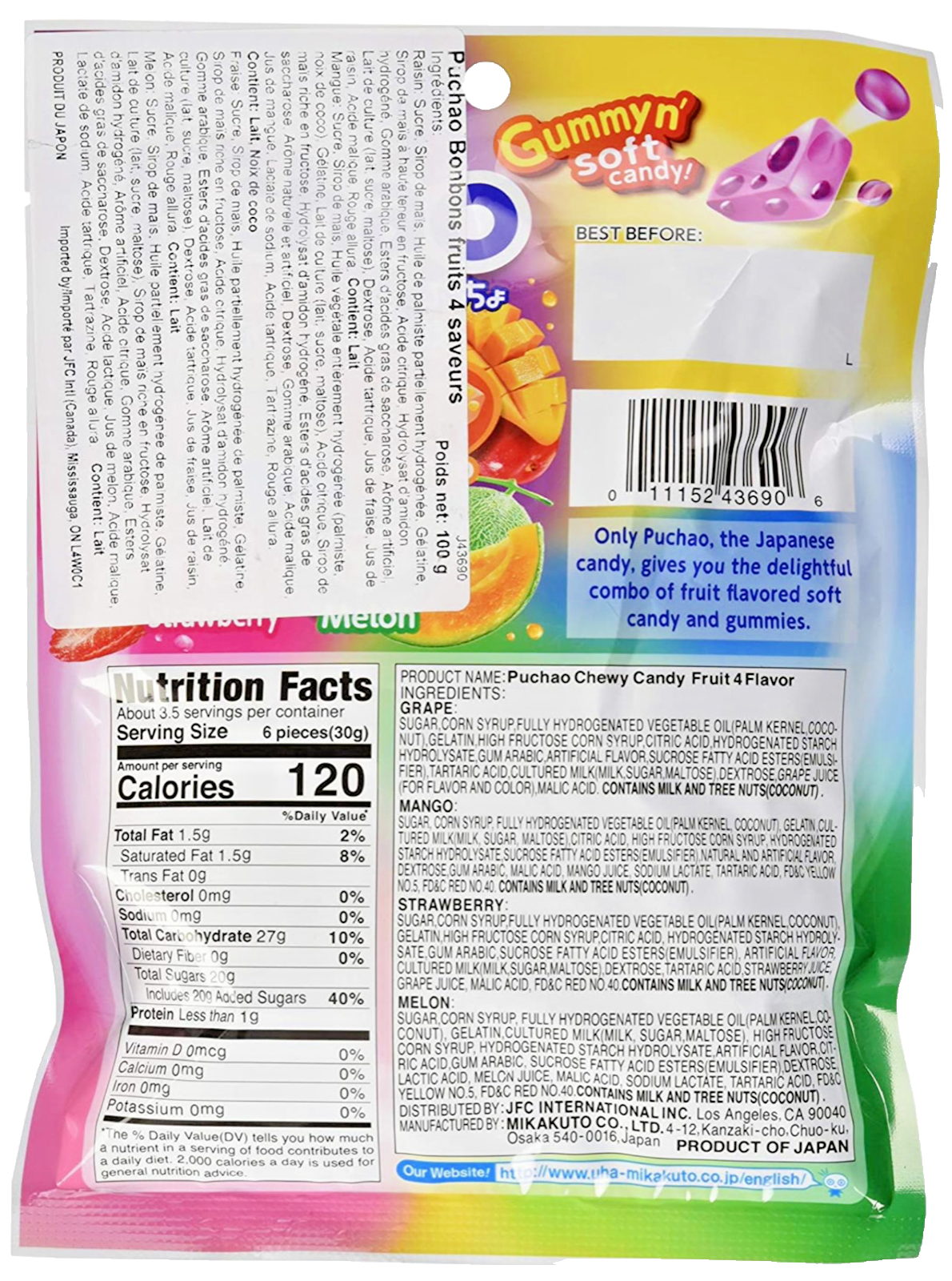 4 BAGS UHA Mikakuto Japan Puchao Puchao Chewy Candy 4 Flavor Fruit Mix 3.52oz