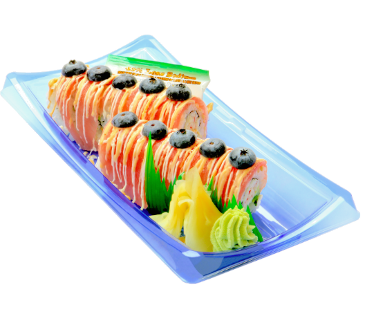 Blue PET Togo Sushi Tray w/ Lid Rectangle Food Container (9.44"x4.33") 50 Sets