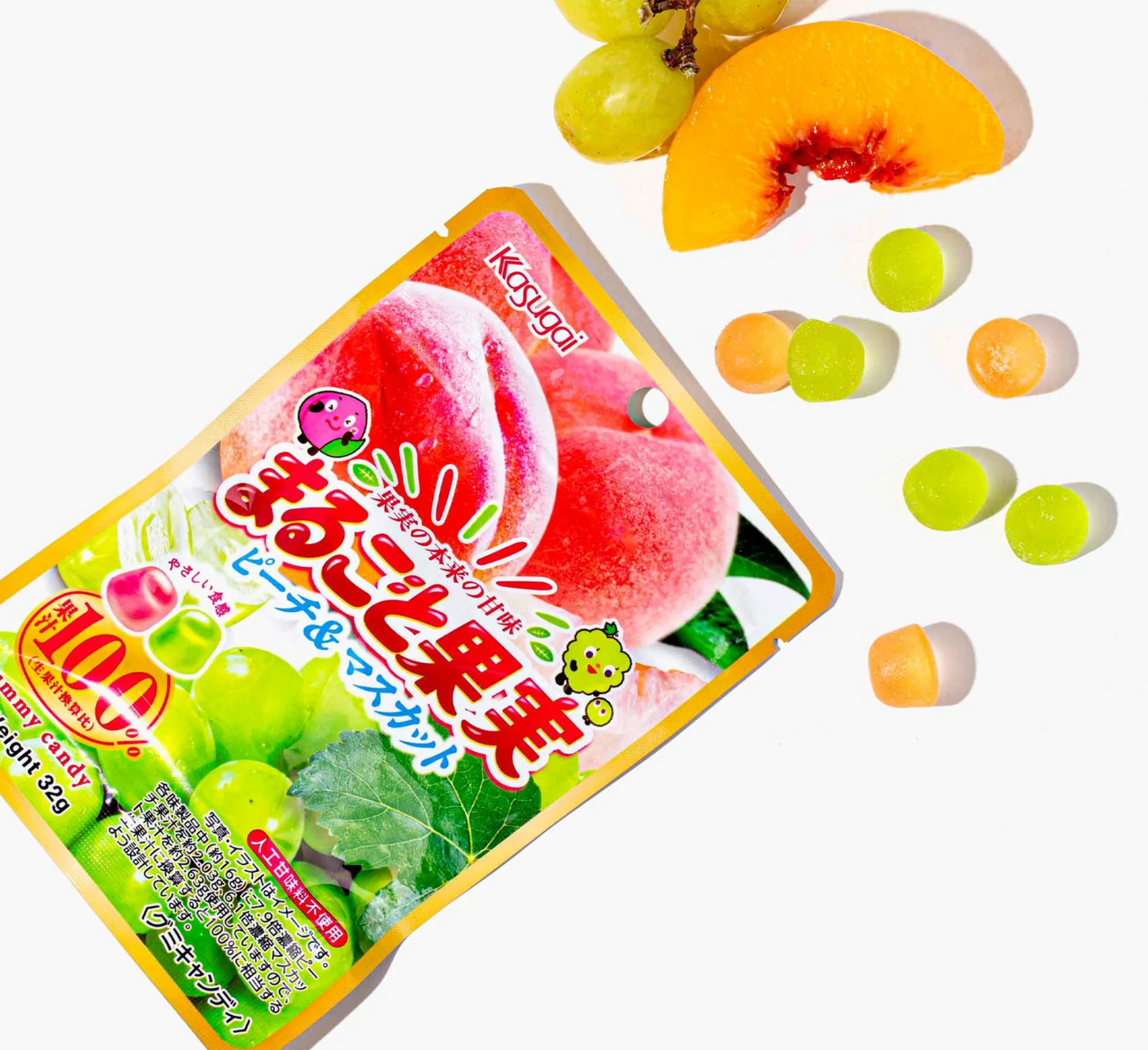 Kasugai Marugoto Kajitsu: Peach and Muscat Flavor 32g x Six (6) Packs - Japan