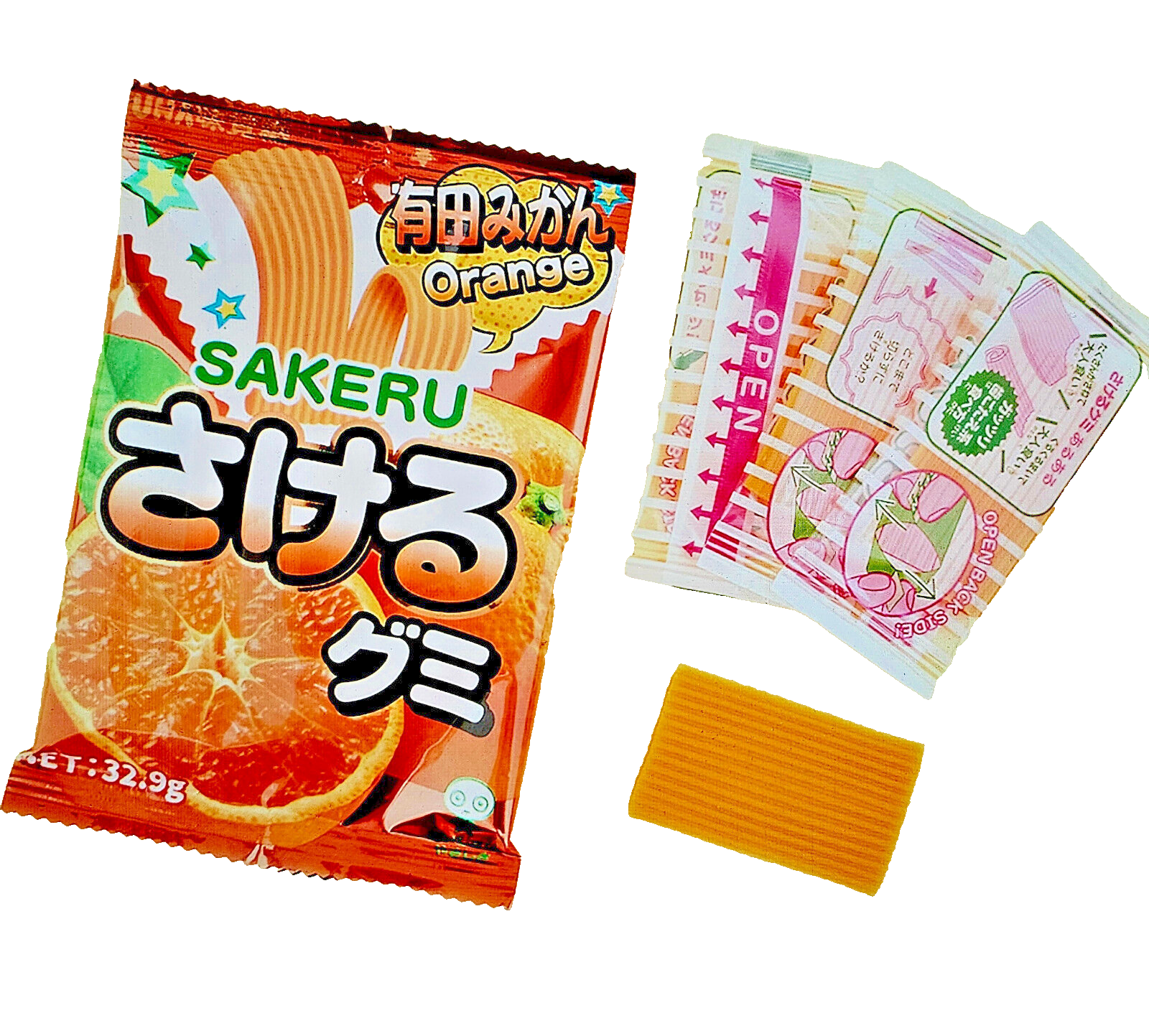 UHA Mikakuto Japanese Sakeru Orange Gummy Candy 7 Pieces 32.9g -Pack of Four (4)