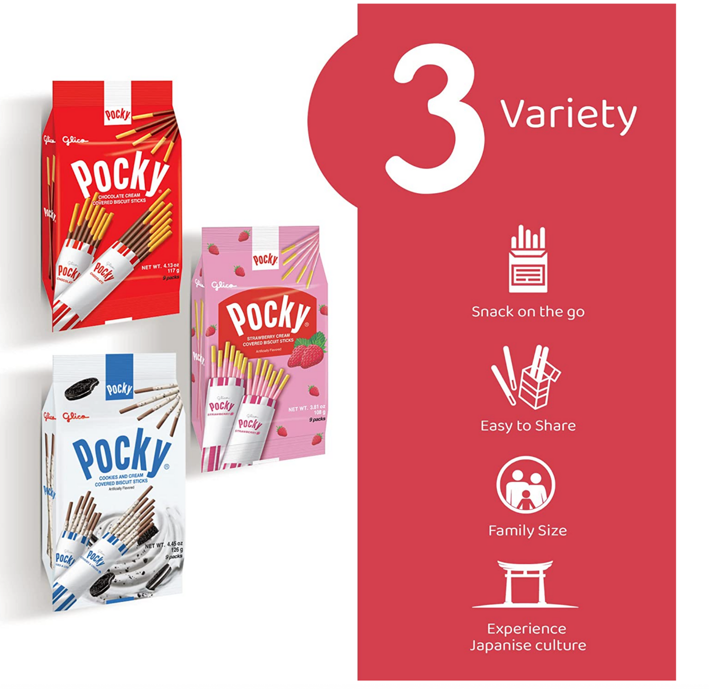 GLICO POCKY Family Three Variety Packs - Strawberry, Chocolate & Cookies Cream