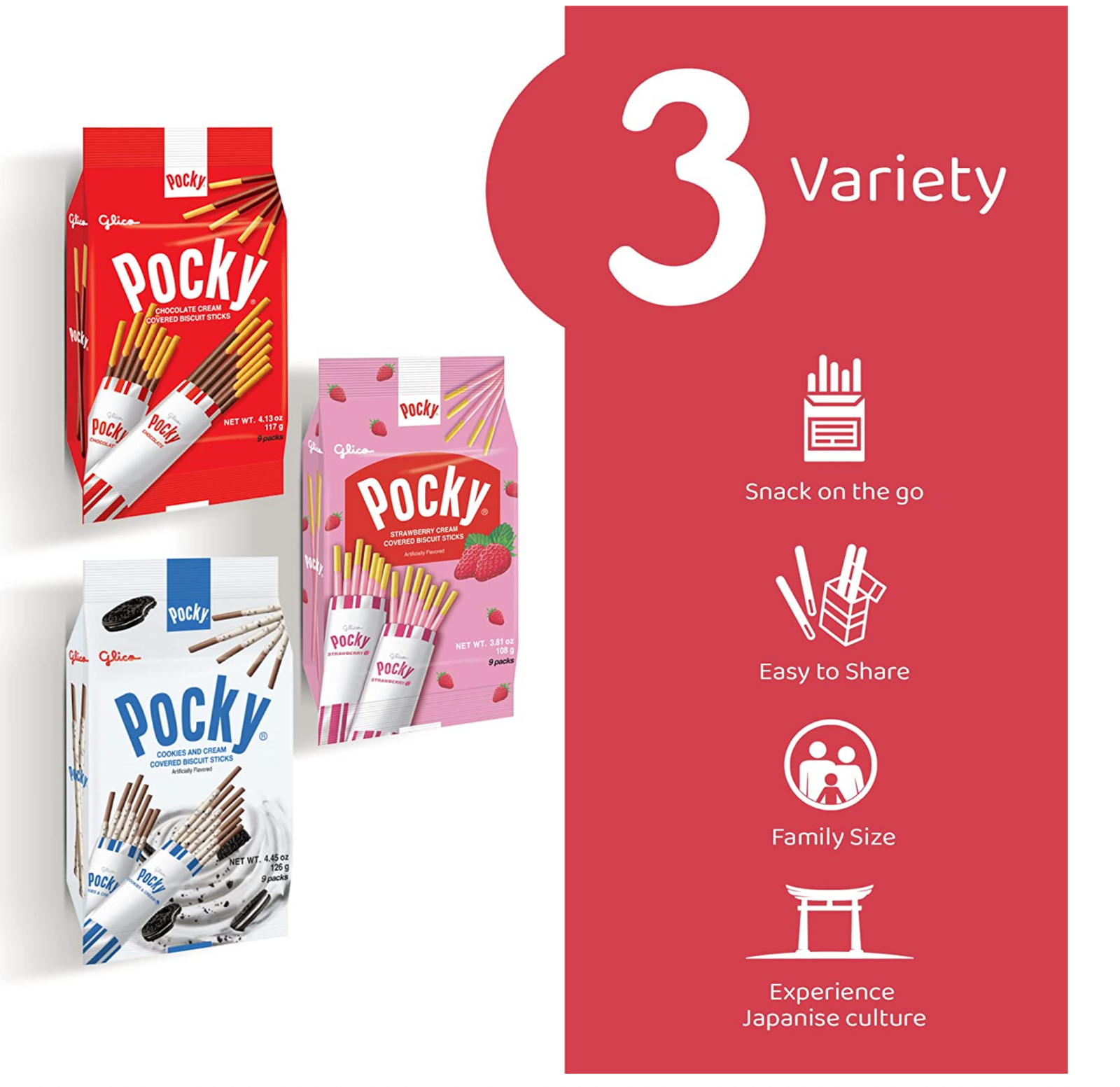 GLICO POCKY Family Three Variety Packs - Strawberry, Chocolate & Cookies Cream