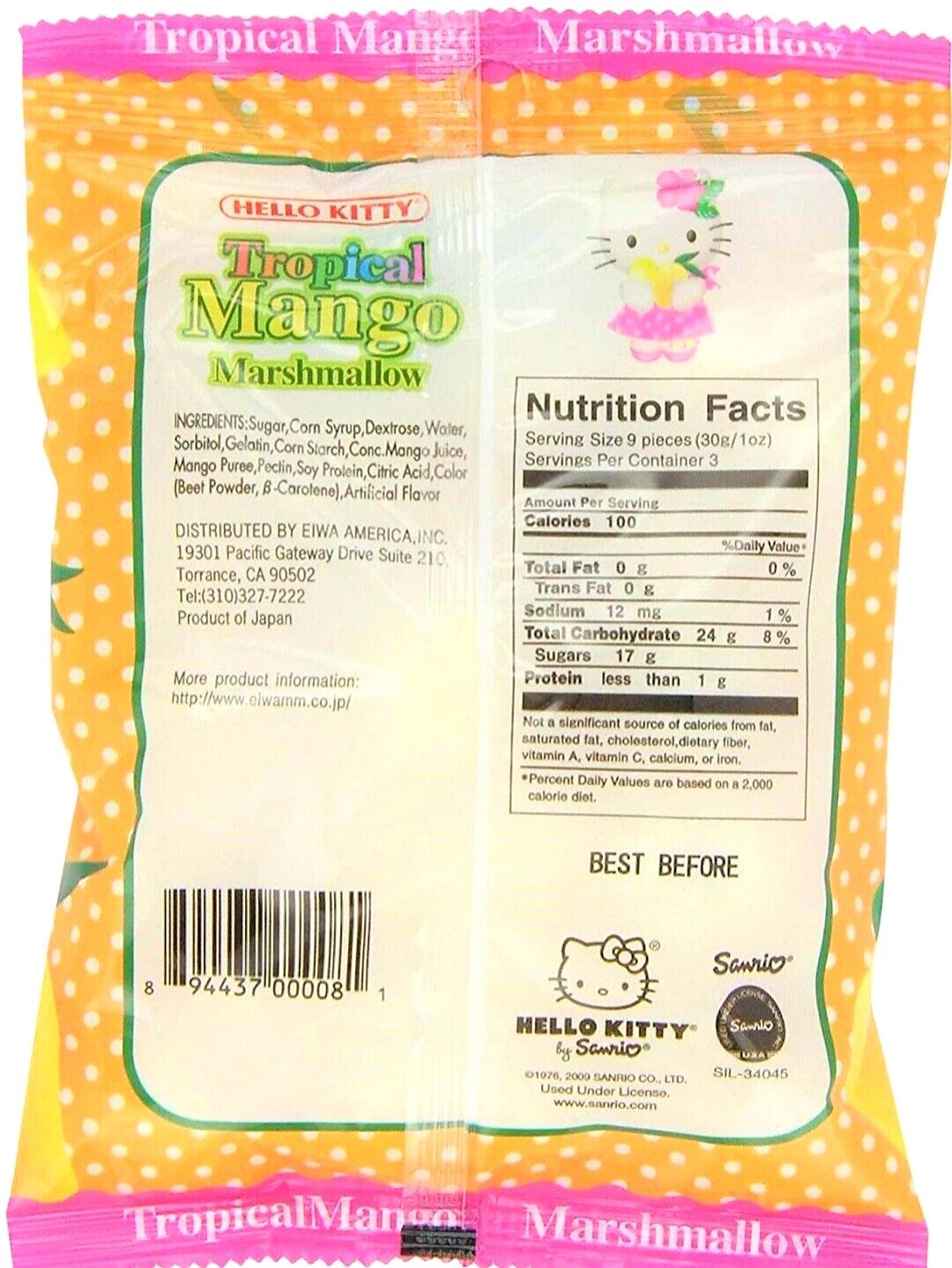HELLO KITTY Tropical Mango Marshmallow Candy W/Jelly 3.1 oz pack Free Shipping!