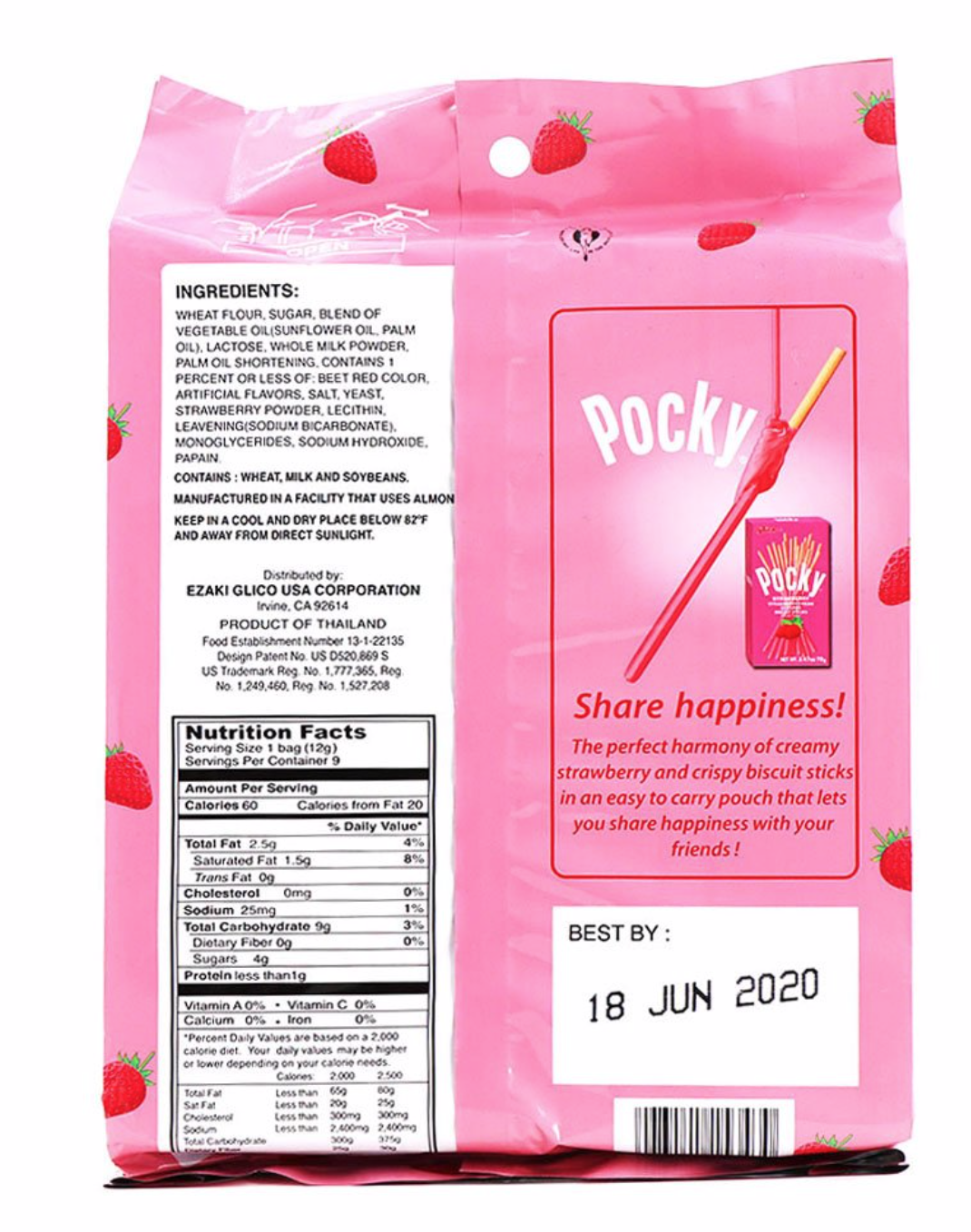 GLICO POCKY STRAWBERRY CREAM COVERED BISCUIT STICKS 3.81oz 9 PACKS A BAG