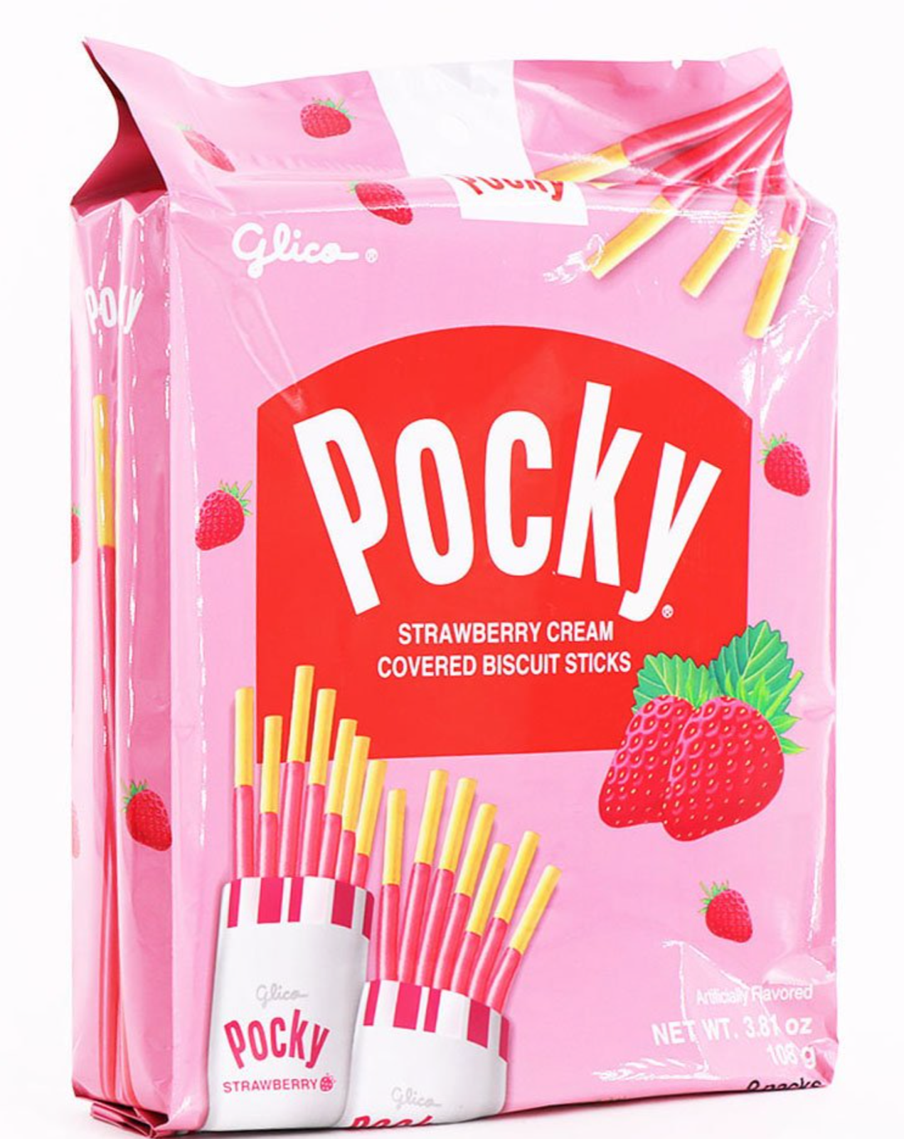 GLICO POCKY STRAWBERRY CREAM COVERED BISCUIT STICKS 3.81oz 9 PACKS A BAG