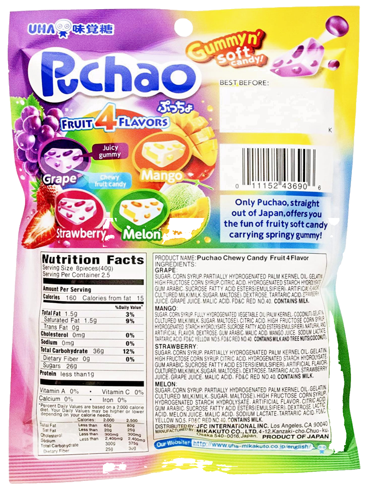 4 BAGS UHA Mikakuto Japan Puchao Puchao Chewy Candy 4 Flavor Fruit Mix 3.52oz