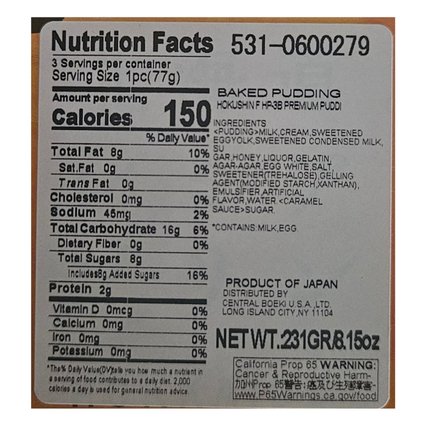 Hokkaido Japanese Premium Pudding 231g (77g x 3 pieces)