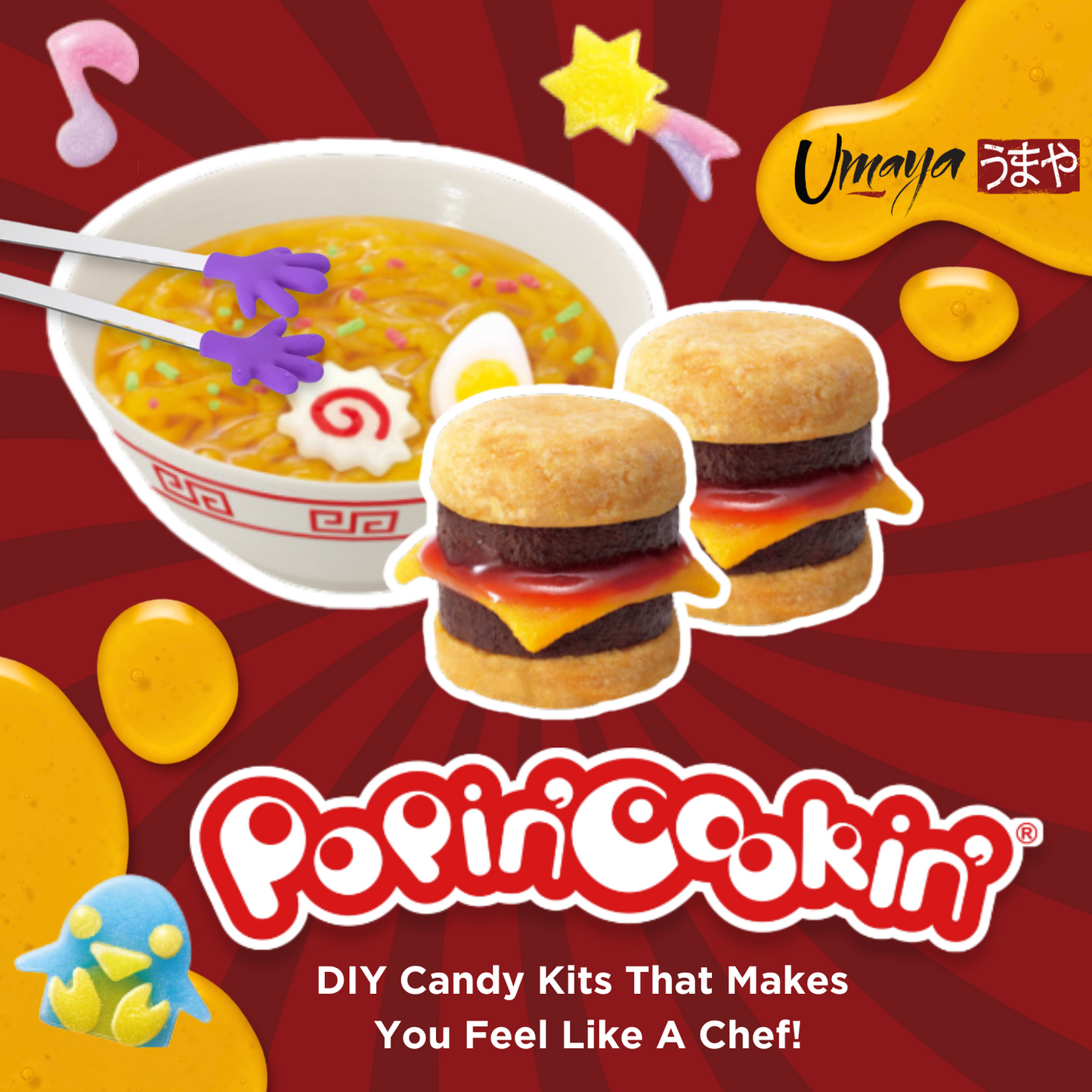 Japanese Kracie Popin’ Cookin' DIY Candy Making Kit for Kids - Tanoshii Hamburger, Gummy Land, Ramen (3 Pack Variety Bundle)