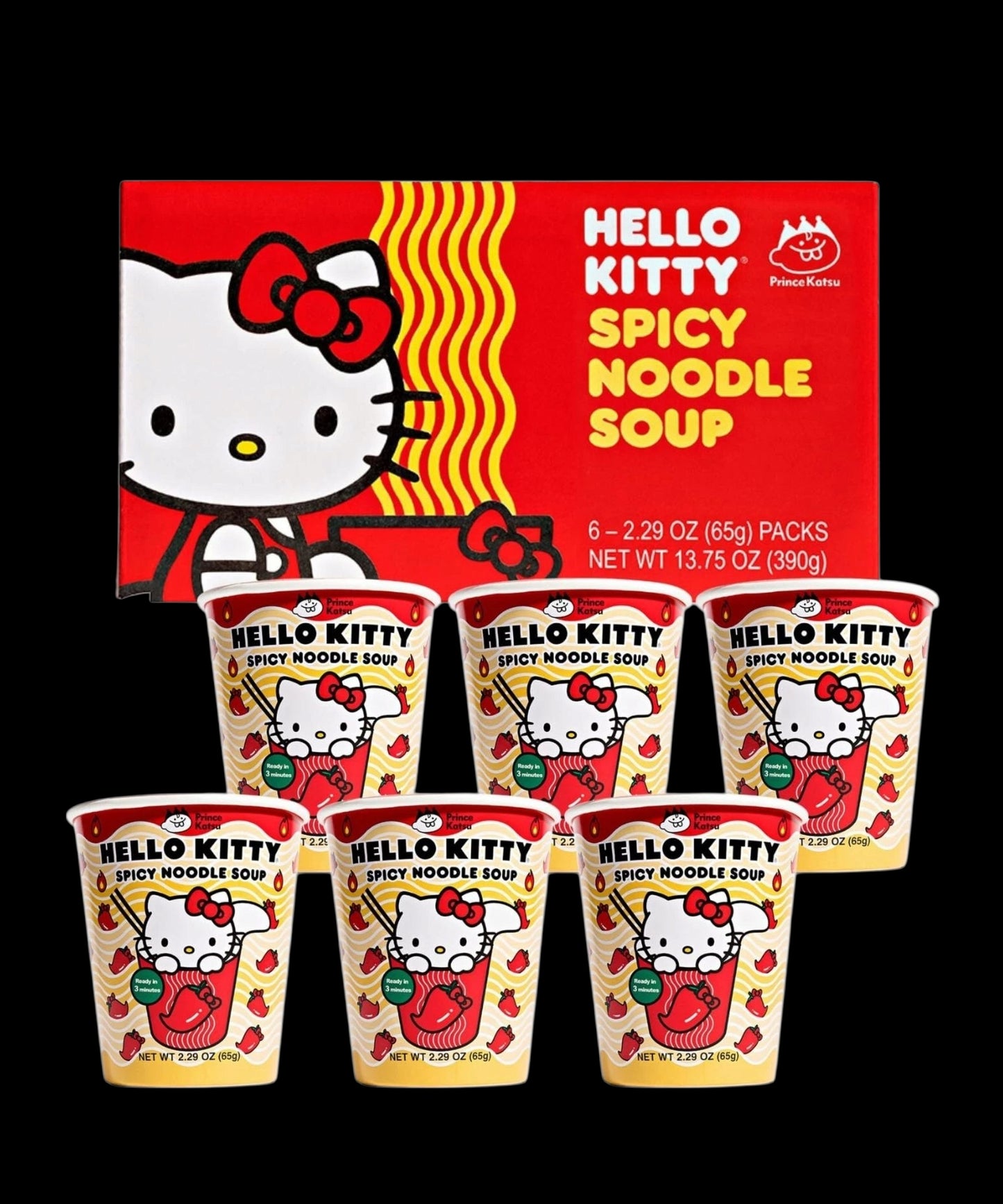 Hello Kitty Instant Spicy Ramen Noodle Soup , 6 Pack Vegan Spicy Flavor -13.75oz