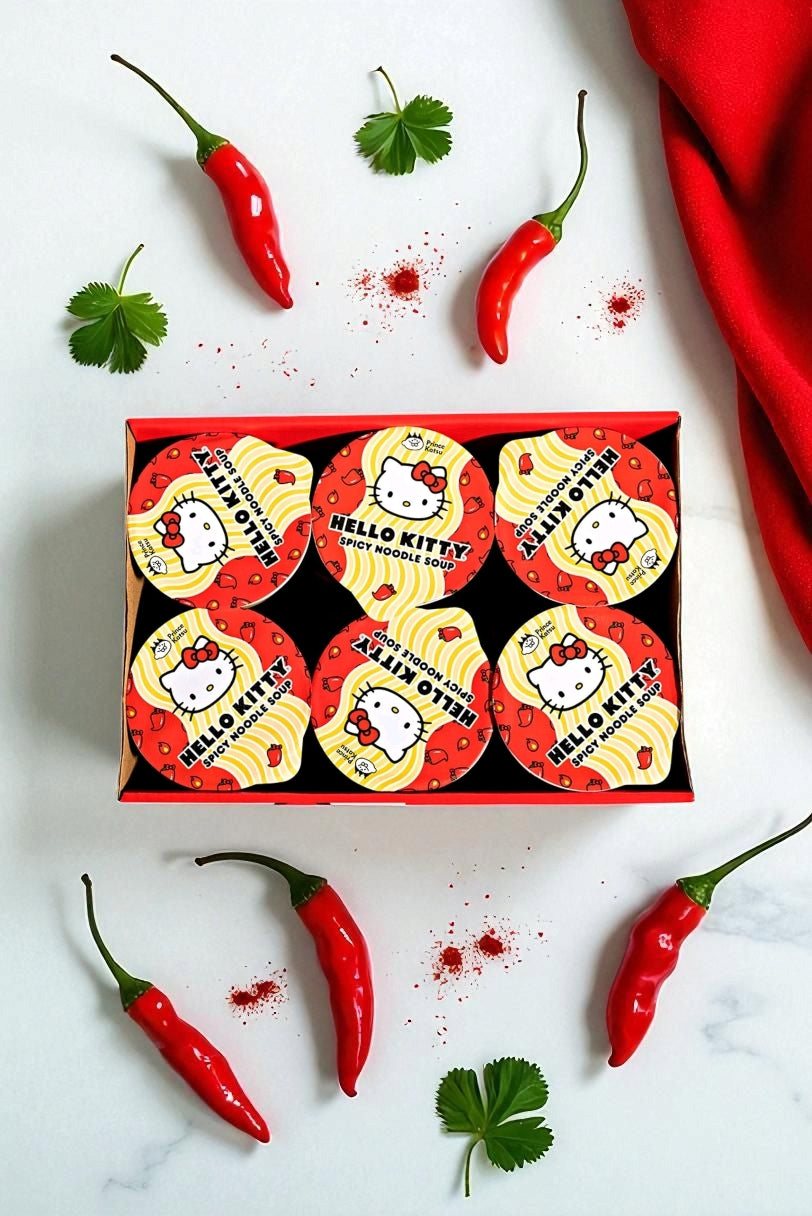 Hello Kitty Instant Spicy Ramen Noodle Soup , 6 Pack Vegan Spicy Flavor -13.75oz