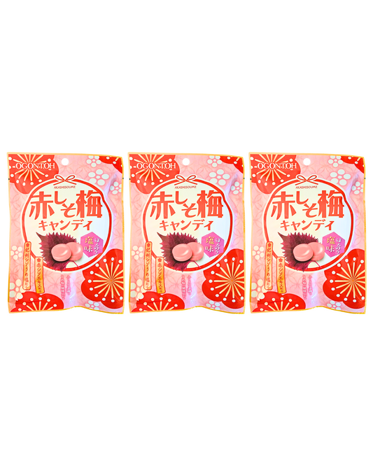 Ogontoh Akashiso Ume Candy (1.6oz Per Pack) - Refreshing Japanese Red Perilla (Shiso) & Red Plum Candies - No Artificial Colorings or Additives - Individually Wrapped - Made in Japan - 3 Packs