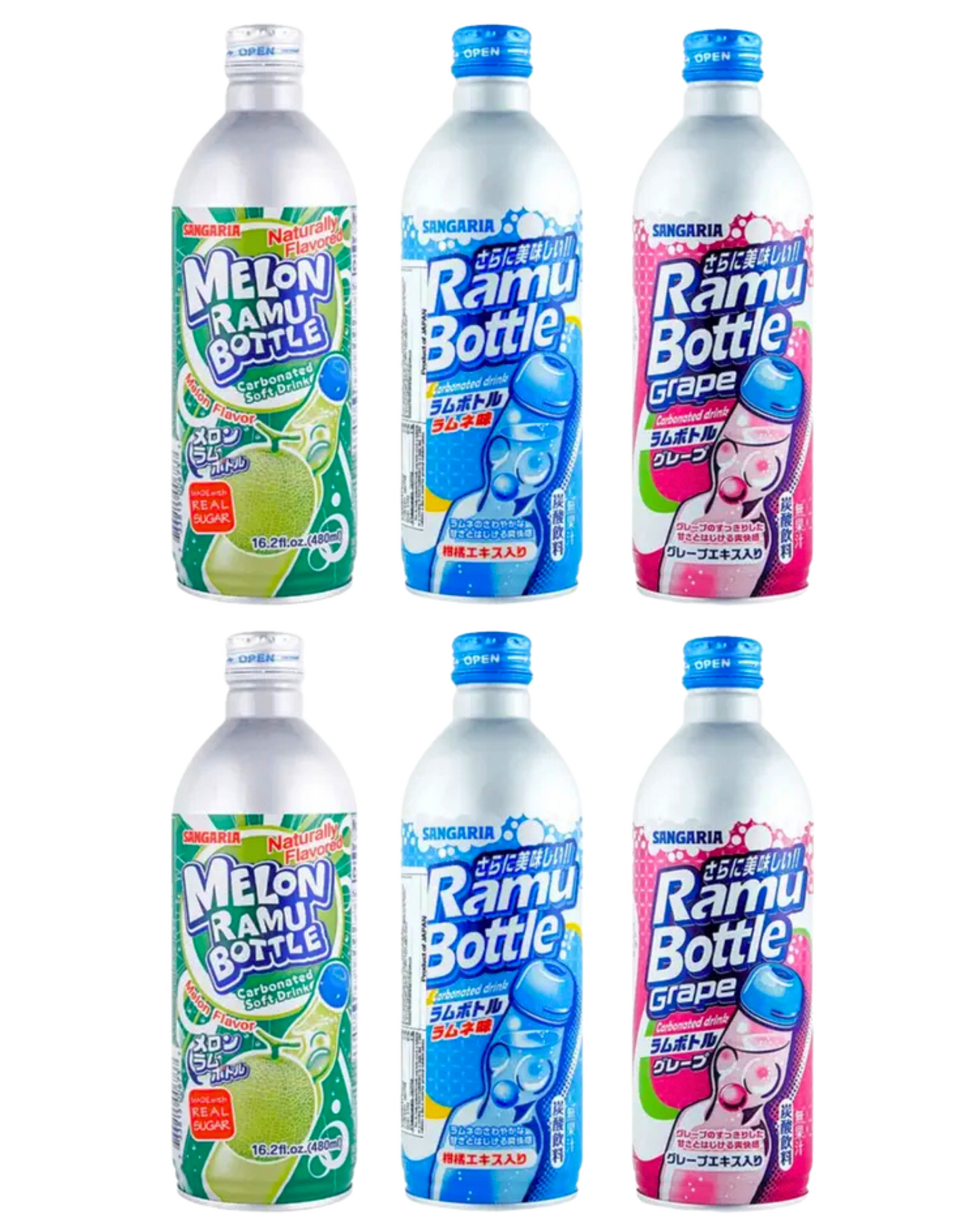 Sangaria Ramune Japanese Soda Variety 6 Pack-Melon,Original & Grape Flavor