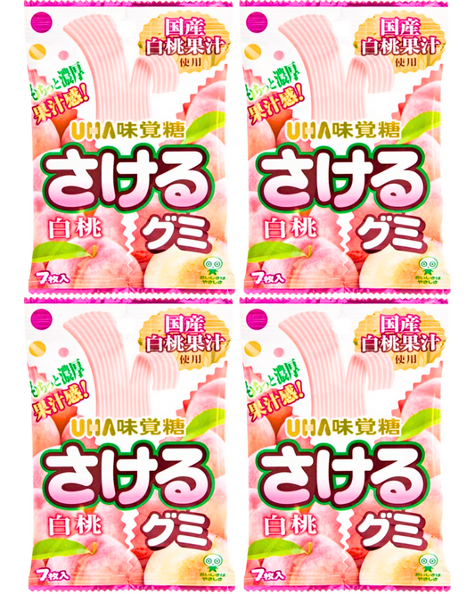 UHA Mikakuto Sakeru White Peach Gummy Candy 7 Pieces 32.9g - Pack of Four (4)