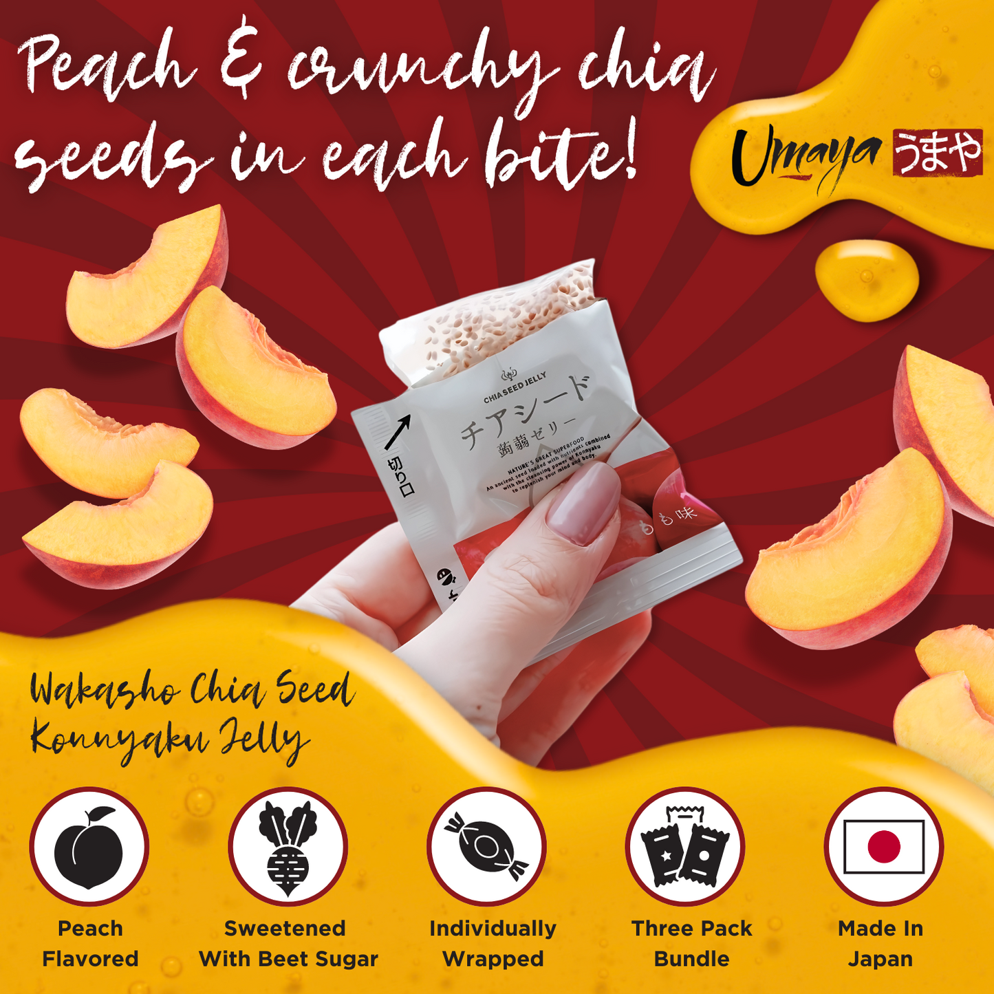 UMAYA - Wakasho Chia Seed Konnyaku Jelly Peach Flavor (6.1oz Per Pack) - Vegan Low Calorie Japanese Konjac Superfood Snack - Plant-Based & Gluten-Free - Individually Wrapped - Made in Japan - 3 Packs