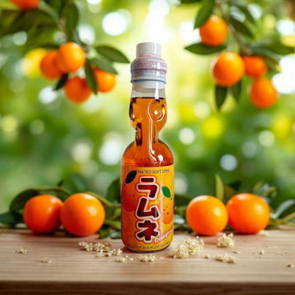 Hatakosen Japanese Orange Ramune Marble Soda 6 bottle Pack 6.6 fl oz (200ml)