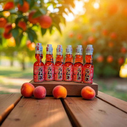 Hatakosen Japanese Peach Ramune Marble Soda 6-bottle Pack 6.6 fl oz (200ml)