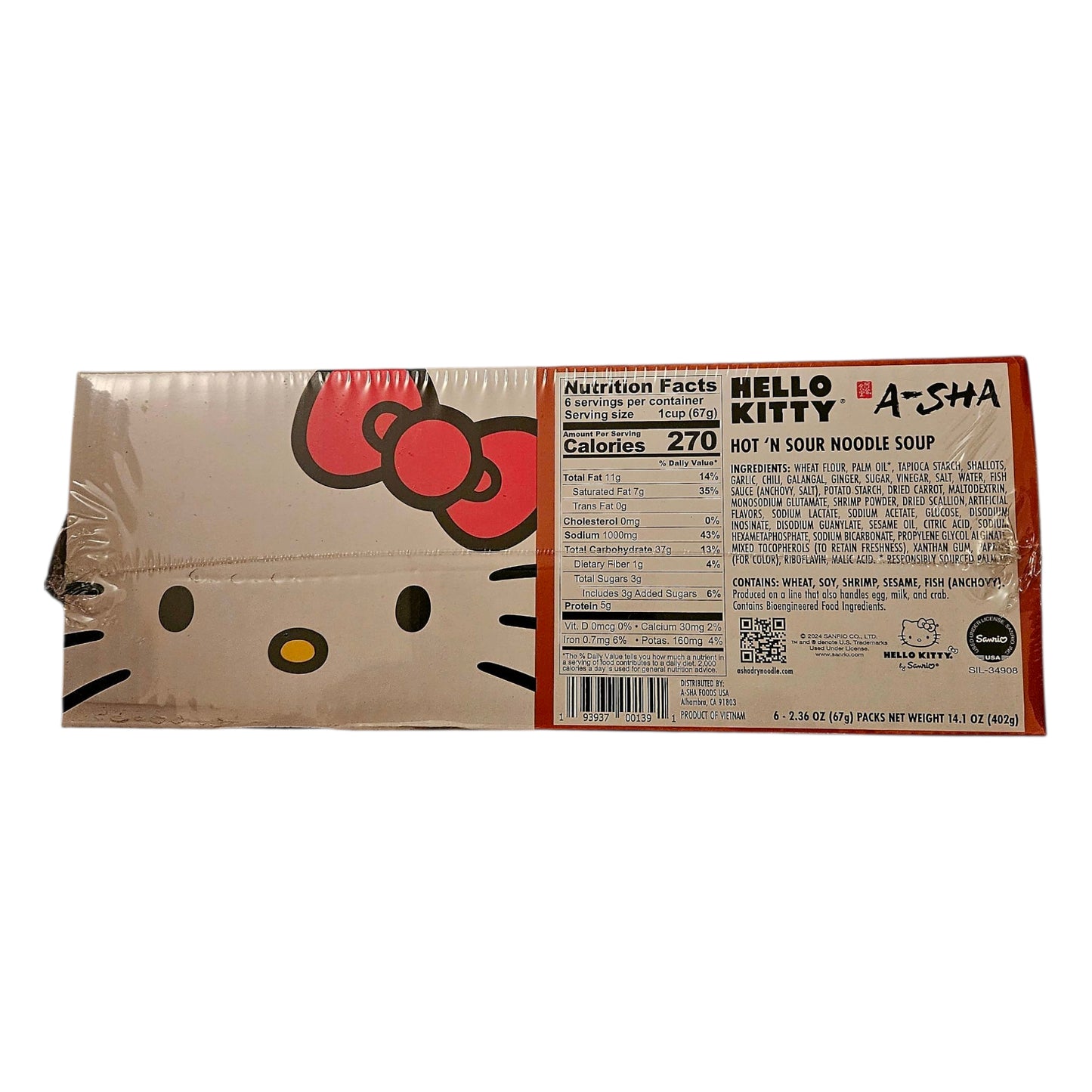 Hello Kitty Hot and Sour Instant Ramen Noodle Cup, 6 Pack -14.1oz