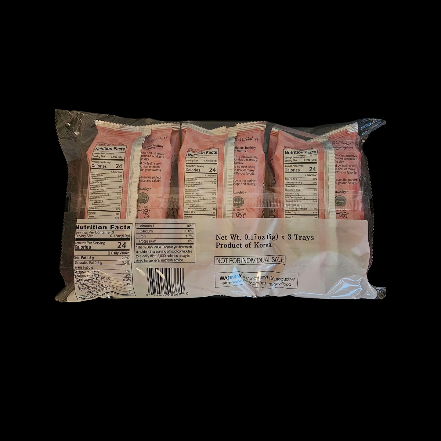 Hello Kitty Roasted Seasoned Seaweed Snack 0.17oz (5g) x 3 Pack