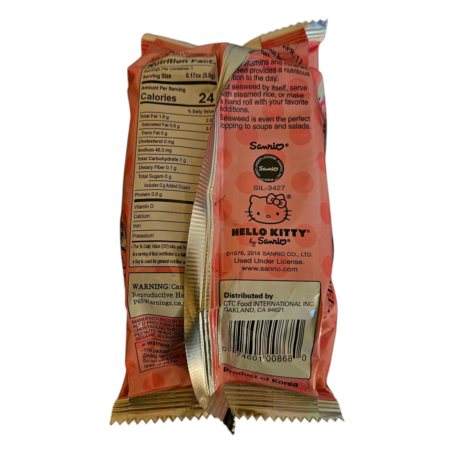 Hello Kitty Roasted Seasoned Seaweed Snack 0.17oz (5g) x 3 Pack