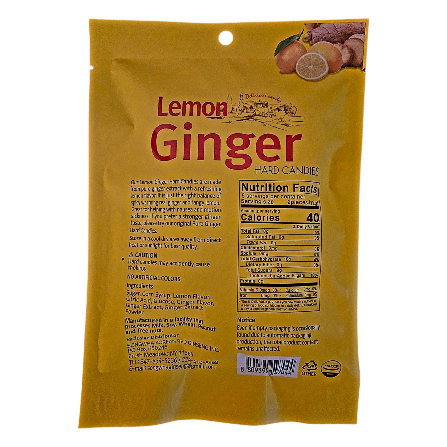 Songwha Lemon Ginger Hard Candies, 3.5 oz, All Natural & Gluten Free