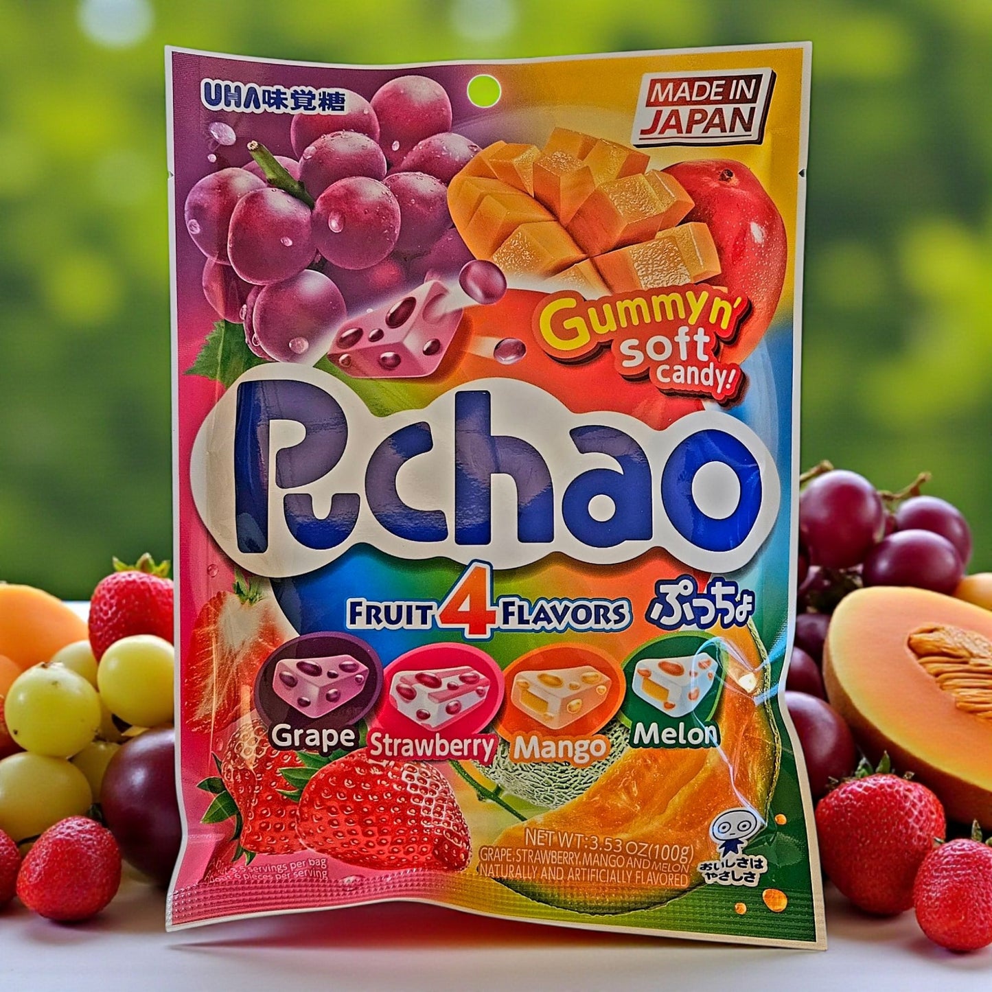 UHA Mikakuto Puchao Assorted Fruit Flavors Soft Gummy Candy, 100g