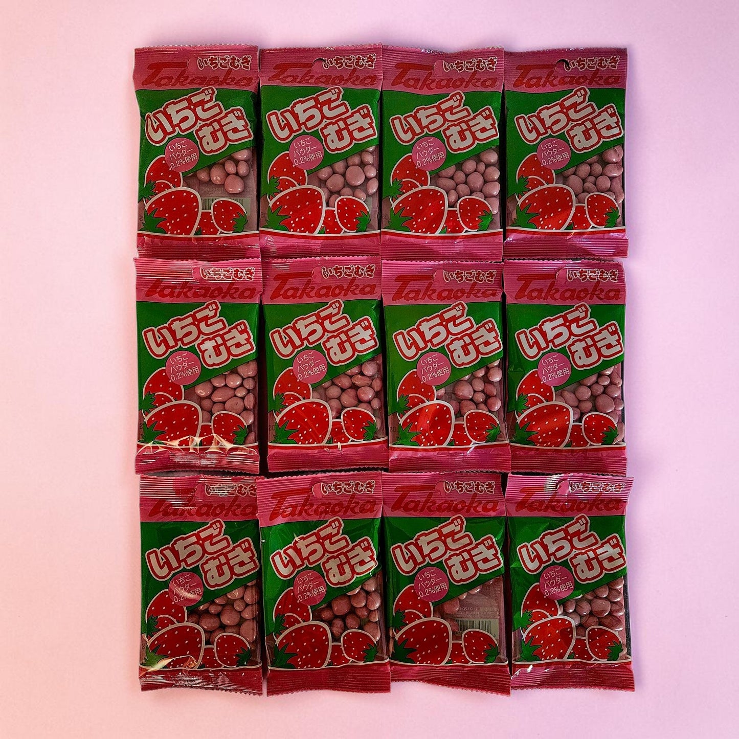 Takaoka Shokuhin Strawberry Mugi 0.4oz (Chocolate Covered Wheat Puffs)