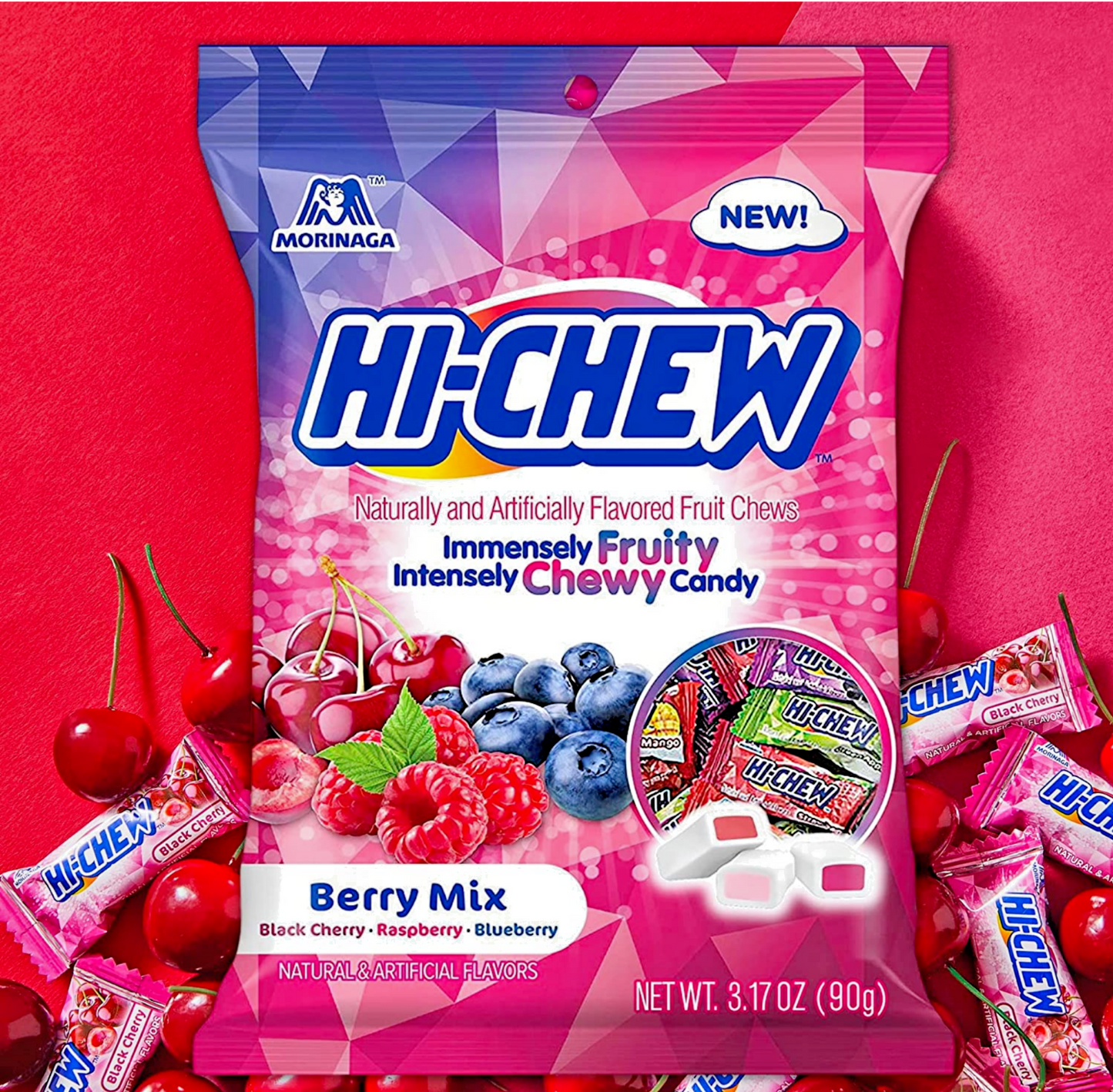 Hi-Chew Berry Mix-Black Cherry,Raspberry&Blueberry Flavors.,3.17oz Bag-(3 Packs)