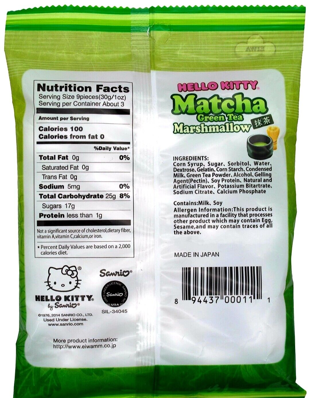 Hello Kitty Matcha Green Tea Marshmallow Matcha Jelly inside 2.8oz x 3 Packs