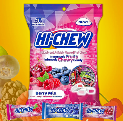 Hi-Chew Berry Mix-Black Cherry,Raspberry&Blueberry Flavors.,3.17oz Bag-(3 Packs)