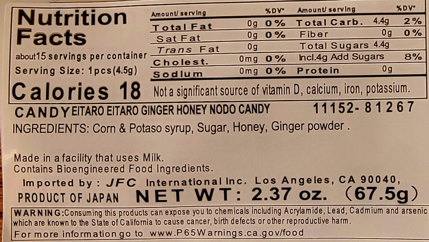 Japanes Cough Drop Candy - Eitaro Ginger Honey Nodo Candy - 2.37 oz ( 3 Packs)