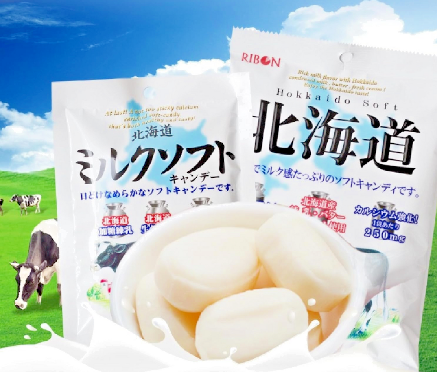 RIBON Real Hokkaido Milk &Cream Calcium Enriched Soft Candy 110g [Two (2) Packs]