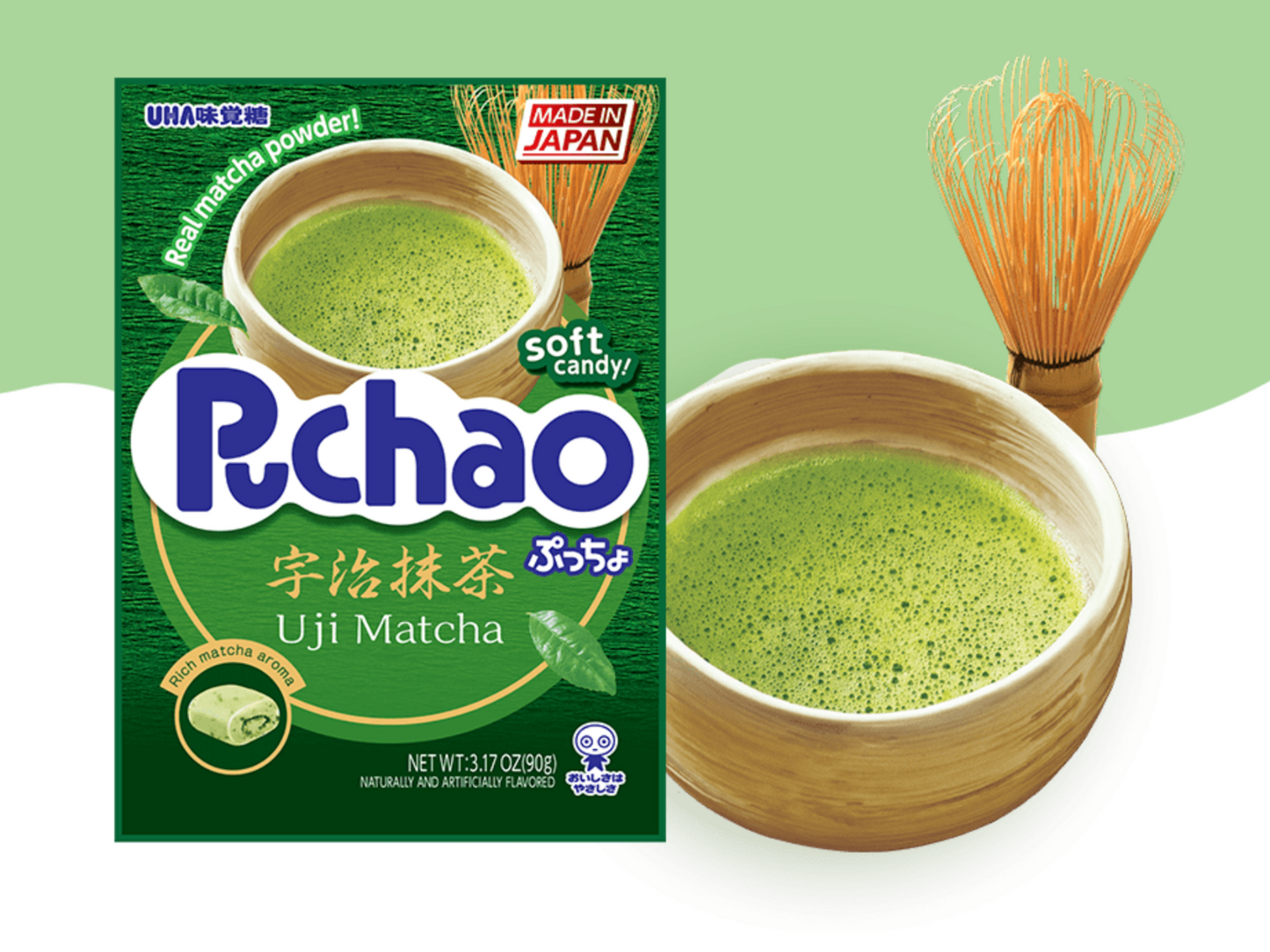 UHA Mikakuto Japanese Puchao Soft Chewy Candy Uji Matcha Flavor 3.17oz / 3 packs