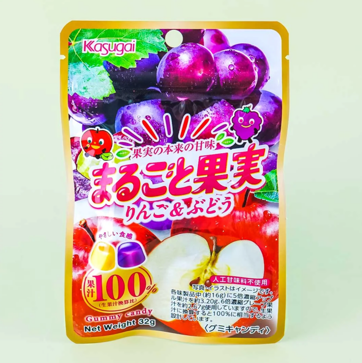 Kasugai Marugoto Kajitsu Gummy Candy Grape & Apple Flavor 32g x  12  Packs