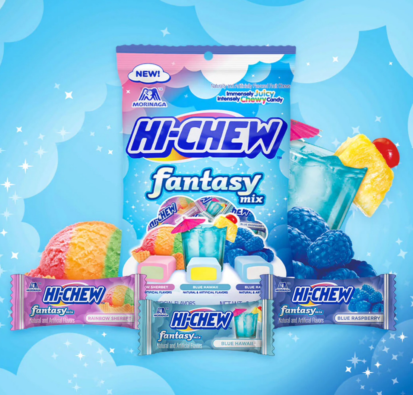 Hi Chew Candy Fantasy Mix - Rainbow Sherbet, Blue Hawaii, and Blue Raspberry 3oz