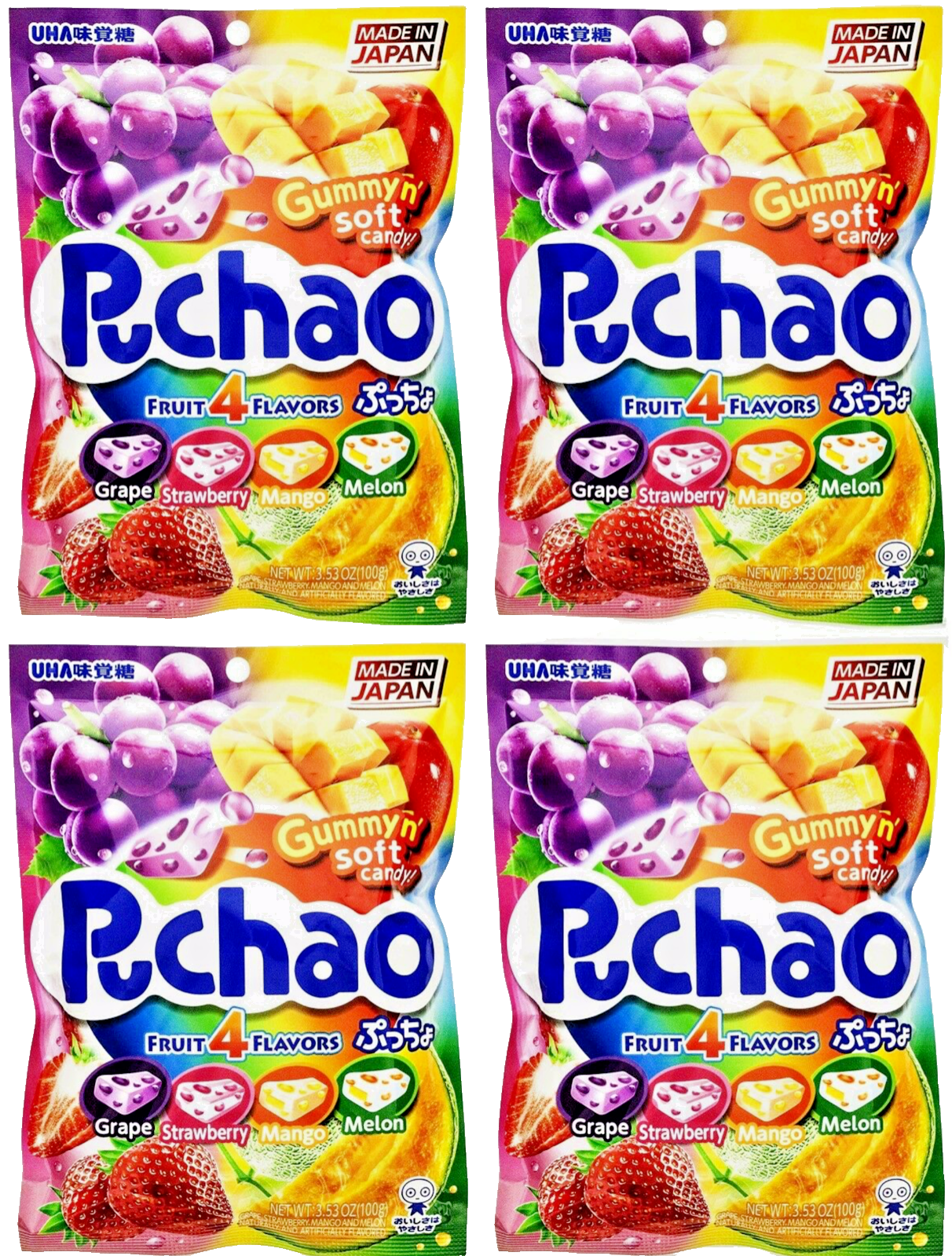 4 BAGS UHA Mikakuto Japan Puchao Puchao Chewy Candy 4 Flavor Fruit Mix 3.52oz 