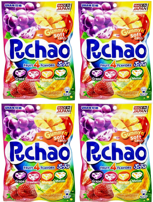 4 BAGS UHA Mikakuto Japan Puchao Puchao Chewy Candy 4 Flavor Fruit Mix 3.52oz 