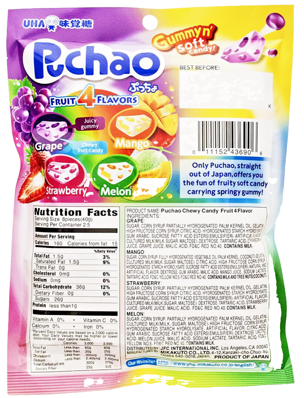 4 BAGS UHA Mikakuto Japan Puchao Puchao Chewy Candy 4 Flavor Fruit Mix 3.52oz 