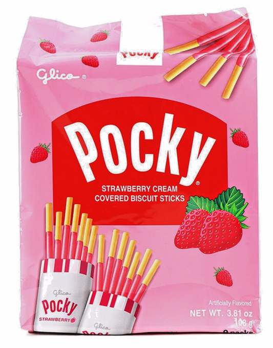 GLICO POCKY STRAWBERRY CREAM COVERED BISCUIT STICKS 3.81oz 9 PACKS A BAG