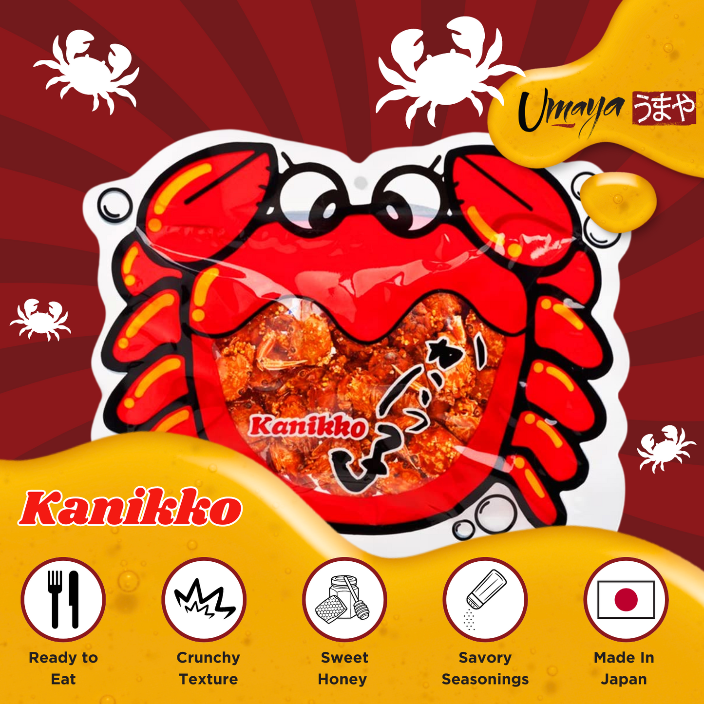 Okabe Kanikko - Ready To Eat Fried Japanese Baby Crabs - With A Hint Of Sweet Honey and Savory Seasonings - Crunchy Gourmet Snack From Japan - Individual 2.3oz (65g) Snack Size Bag - Pack of 1