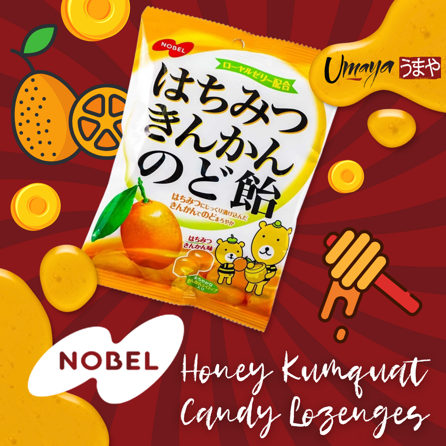 Nobel Hachimitsu Kinkan Nodoame (3.8oz Per Package) - Japanese Honey Kumquat Throat Soothing Lozenges - Candies With Real Honey & Kumquat Citrus Filled Center - Individually Wrapped - 3 Packs