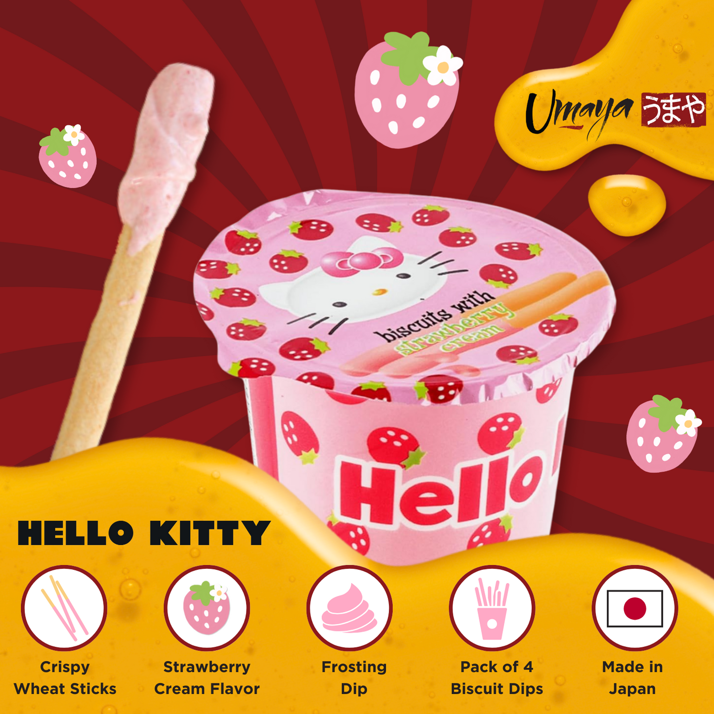 Hello Kitty Snack Bundle - Crispy Biscuit Cookies with Strawberry Cream Frosting Dip (1.16oz/4 Pack) - Strawberry Jelly Filled Marshmallows (3.1oz/1 Pack)