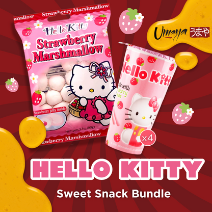 Hello Kitty Snack Bundle - Crispy Biscuit Cookies with Strawberry Cream Frosting Dip (1.16oz/4 Pack) - Strawberry Jelly Filled Marshmallows (3.1oz/1 Pack)