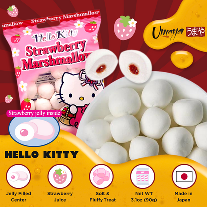 Hello Kitty Snack Bundle - Crispy Biscuit Cookies with Strawberry Cream Frosting Dip (1.16oz/4 Pack) - Strawberry Jelly Filled Marshmallows (3.1oz/1 Pack)