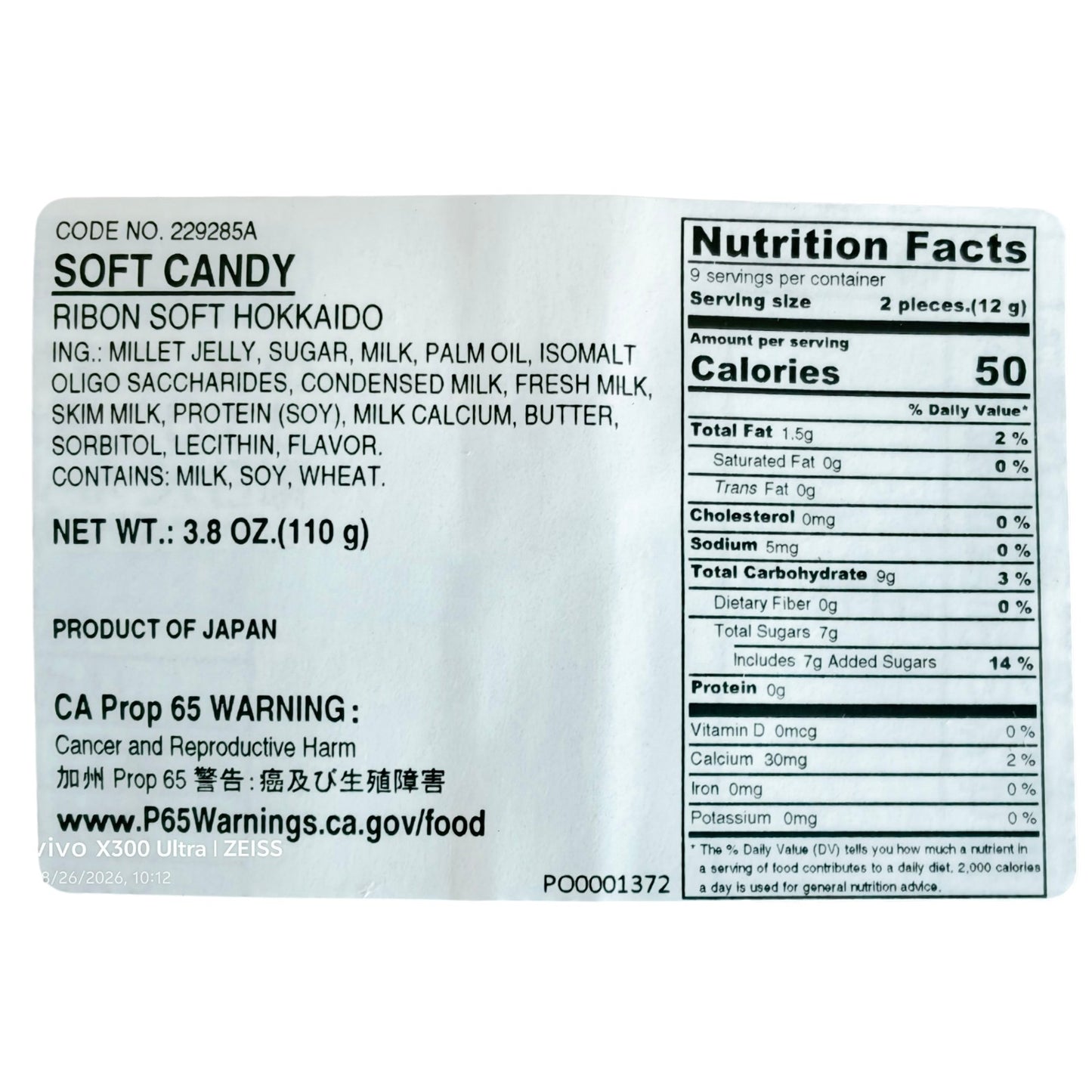 RIBON Real Hokkaido Milk &Cream Calcium Enriched Soft Candy 110g