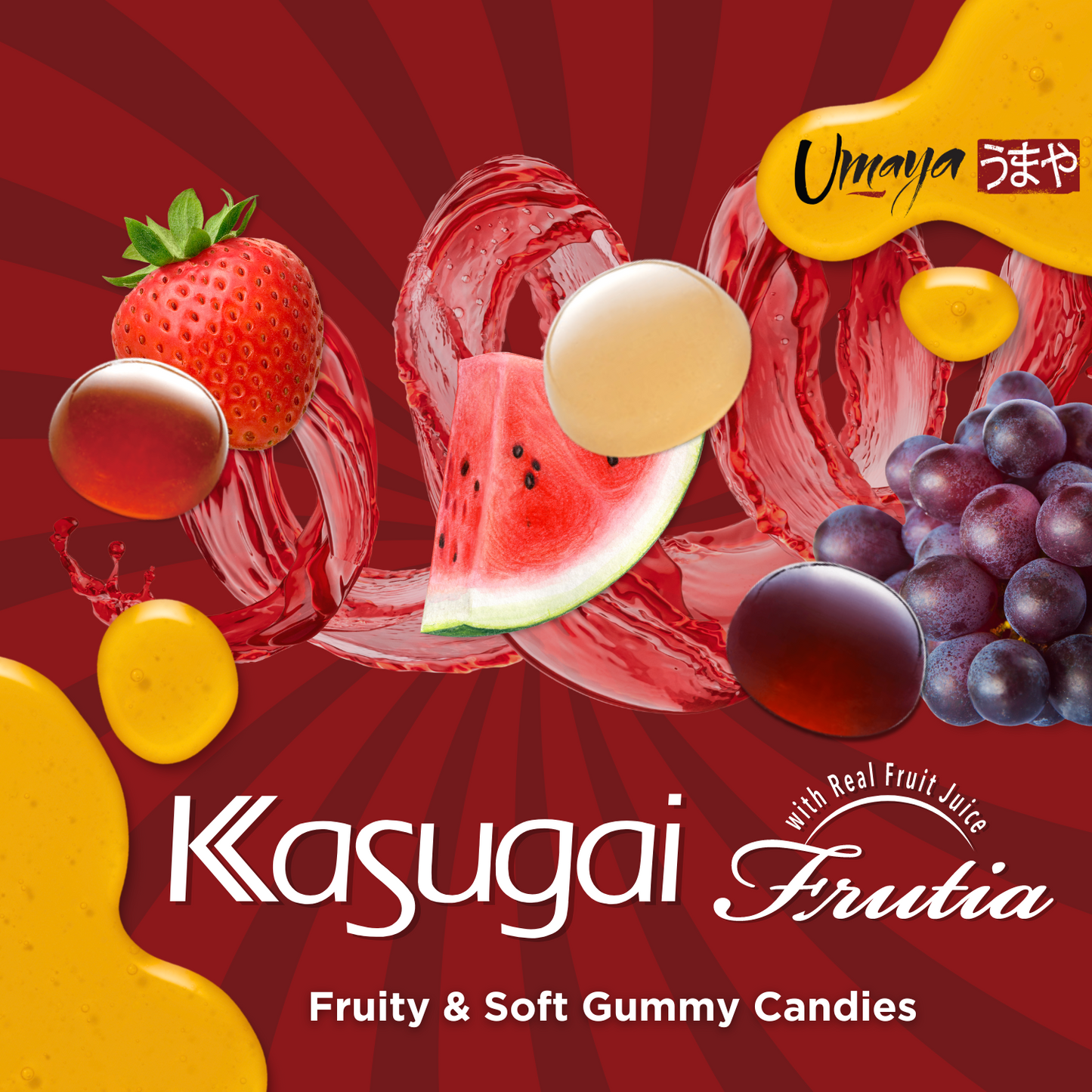 Kasugai Fruita Gummies - Japanese Fruity & Soft Gummy Candy 3 Pack Bundle With A Cute Cat Snack Bag Clip - One Pack Of Each Flavor - Strawberry (3.59oz), Grape (3.77oz), & Watermelon (3.77oz)