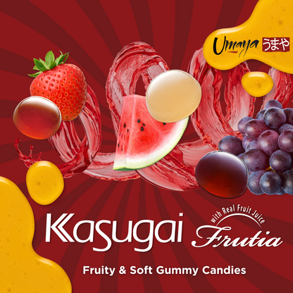 Kasugai Fruita Gummies - Japanese Fruity & Soft Gummy Candy 3 Pack Bundle With A Cute Cat Snack Bag Clip - One Pack Of Each Flavor - Strawberry (3.59oz), Grape (3.77oz), & Watermelon (3.77oz)