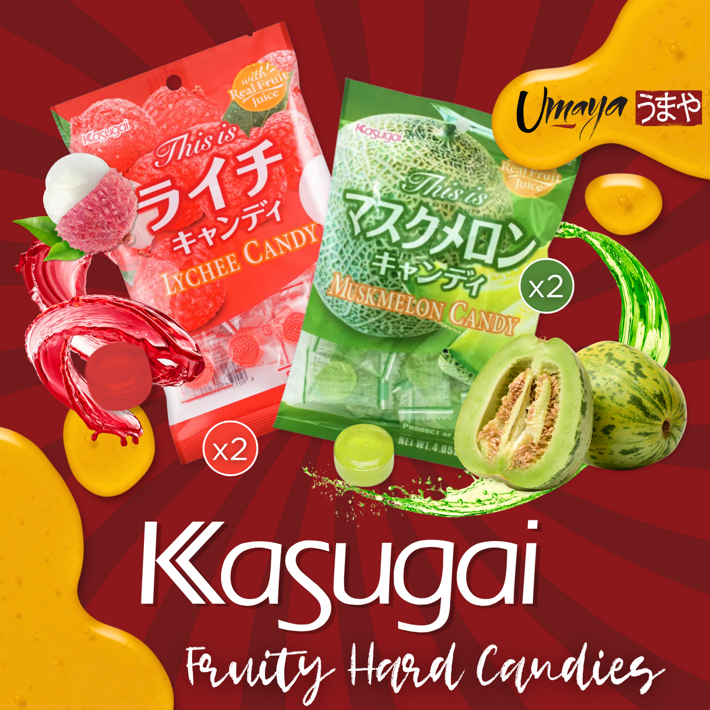 Kasugai Fruit Hard Candies Made With Real Fruit Juice - Japanese Hard Candy 4 Pack Bundle With School Bag Shaped Plastic Zipper Snack Bag - Two 4.05oz Packs Of Each Flavor - Muskmelon & Lychee