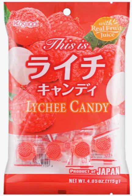 Kasugai Fruit Hard Candies Made With Real Fruit Juice - Japanese Hard Candy 4 Pack Bundle With School Bag Shaped Plastic Zipper Snack Bag - Two 4.05oz Packs Of Each Flavor - Muskmelon & Lychee